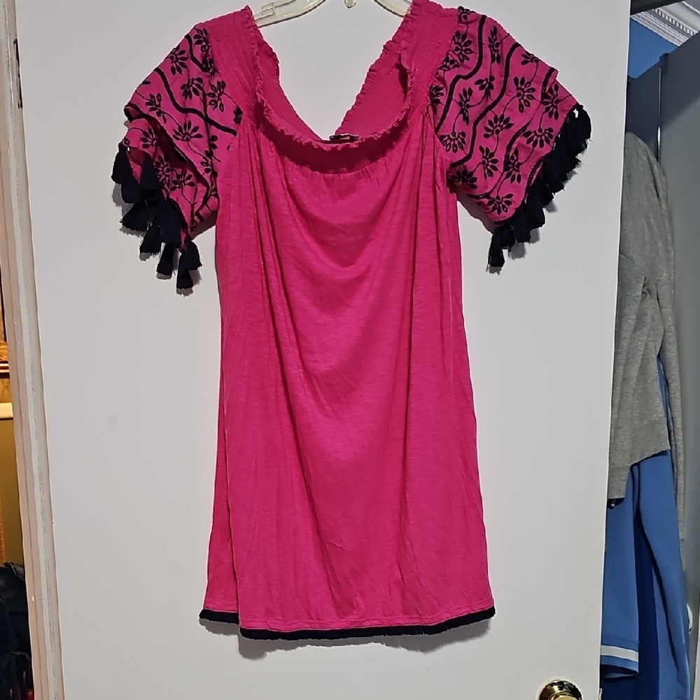 Crown & Ivy Pink Dress with Navy Embroidery And Tassels Off The Shoulder Sz L
